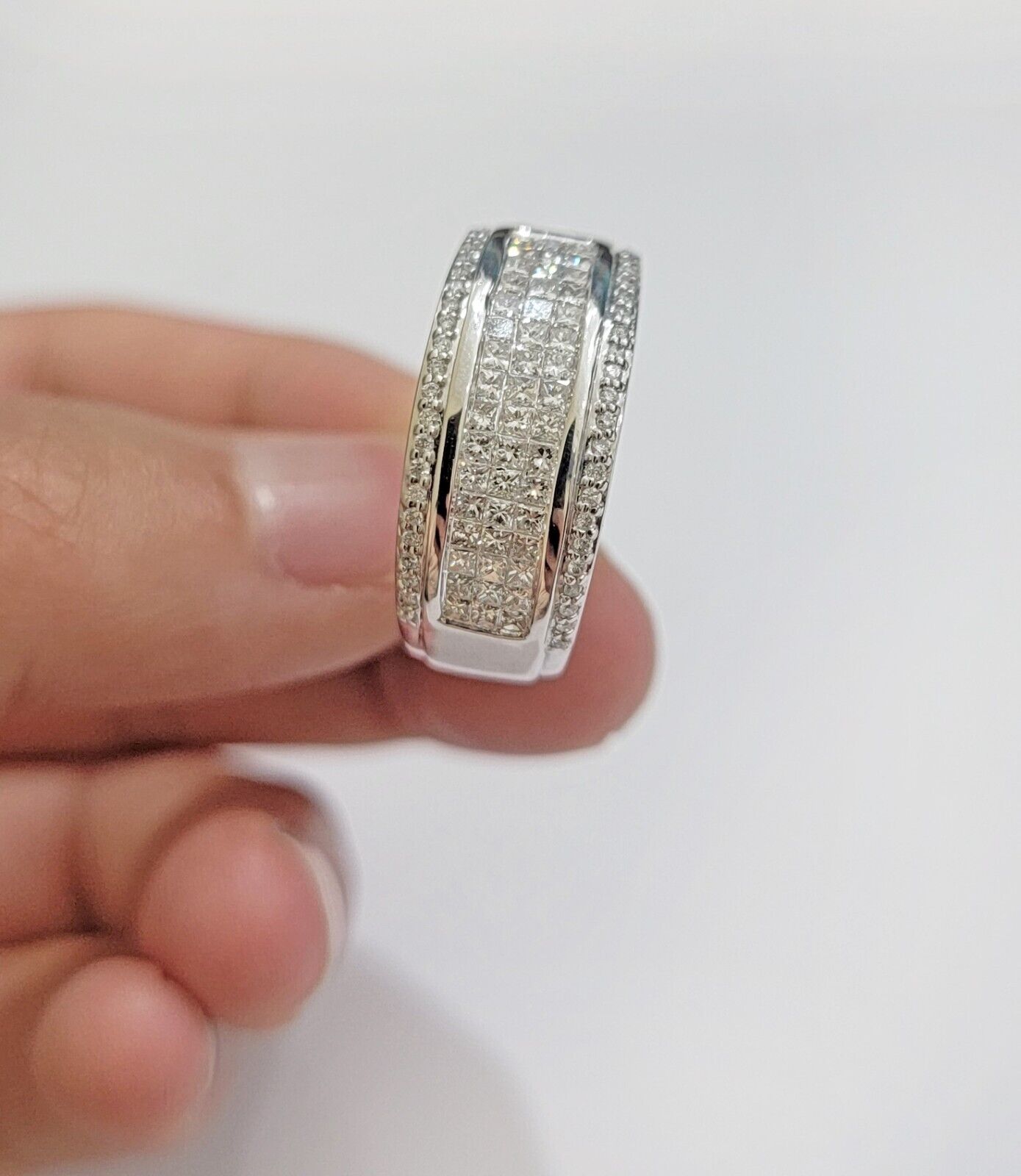 Real 14k White Diamond Ring Mens Band 0.97 Ct Princess Cut Wedding Engagement - Reva Jeweler