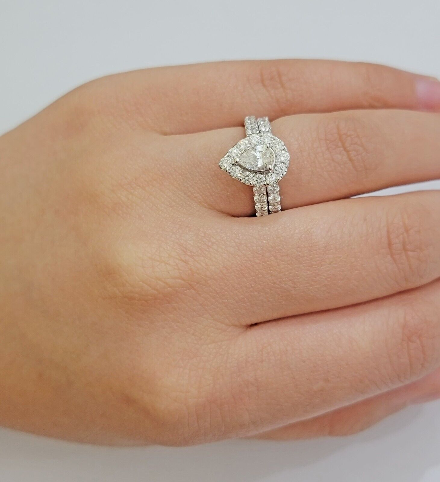 Real 14k White Gold 2CT Diamond Ladies Ring Engagement Wedding Pear SET Genuine - Reva Jeweler