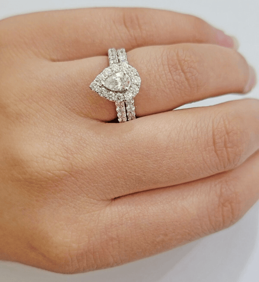 Real 14k White Gold 2CT Diamond Ladies Ring Engagement Wedding Pear SET Genuine - Reva Jeweler