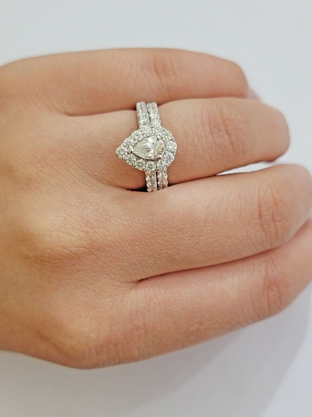Real 14k White Gold 2CT Diamond Ladies Ring Engagement Wedding Pear SET Genuine - Reva Jeweler