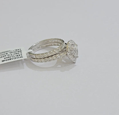 Real 14k White Gold 2CT Diamond Ladies Ring Engagement Wedding Pear SET Genuine - Reva Jeweler