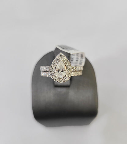 Real 14k White Gold Diamond Ladies Ring Band Set Tear drop 2CT Natural Diamond - Reva Jeweler