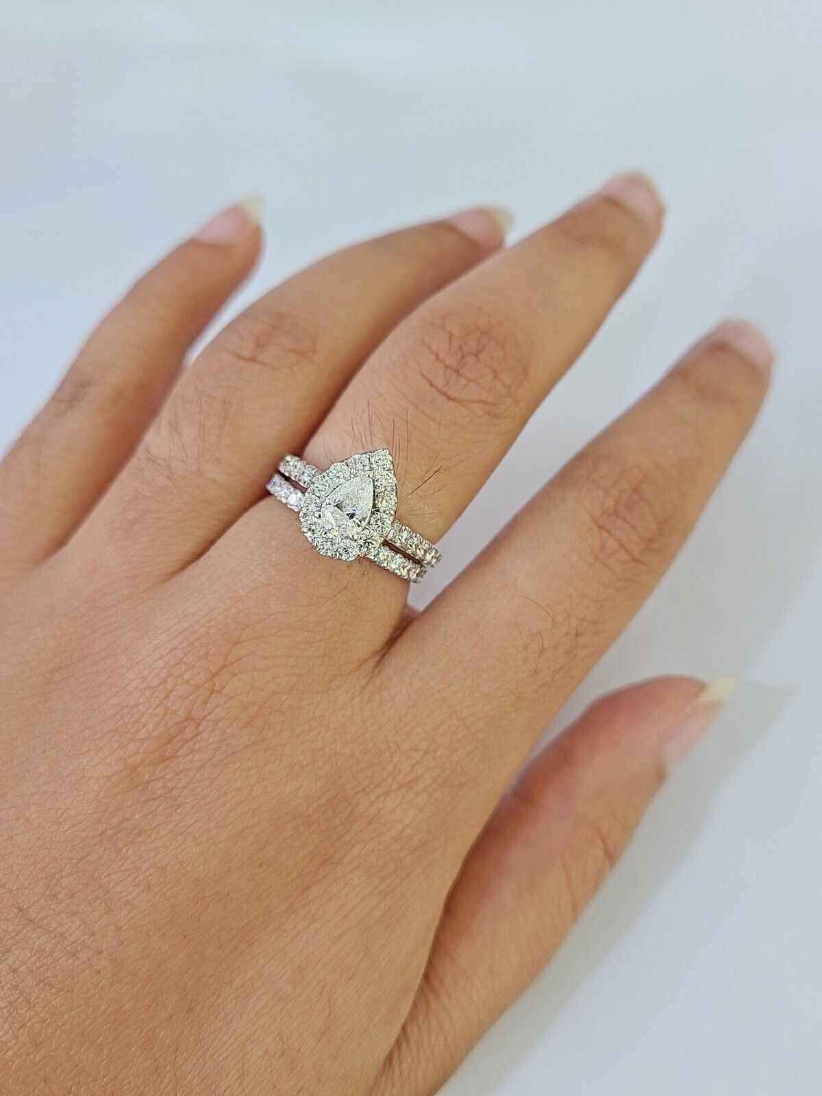 Real 14k White Gold Diamond Ladies Ring SET Pear Lab Created Engagement Wedding - Reva Jeweler