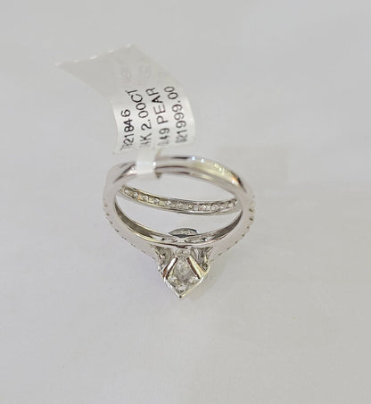 Real 14k White Gold Diamond Ladies Ring SET Pear Lab Created Engagement Wedding - Reva Jeweler