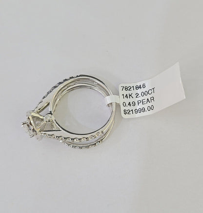 Real 14k White Gold Diamond Ladies Ring SET Pear Lab Created Engagement Wedding - Reva Jeweler