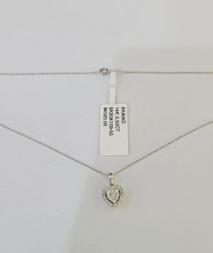 Real 14k White Gold Heart Diamond Necklace Earrings SET Chain Women
