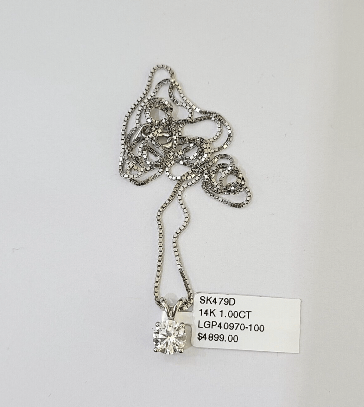 Real 14k White Gold Round Diamond Pendant Box Chain Necklace Set Women