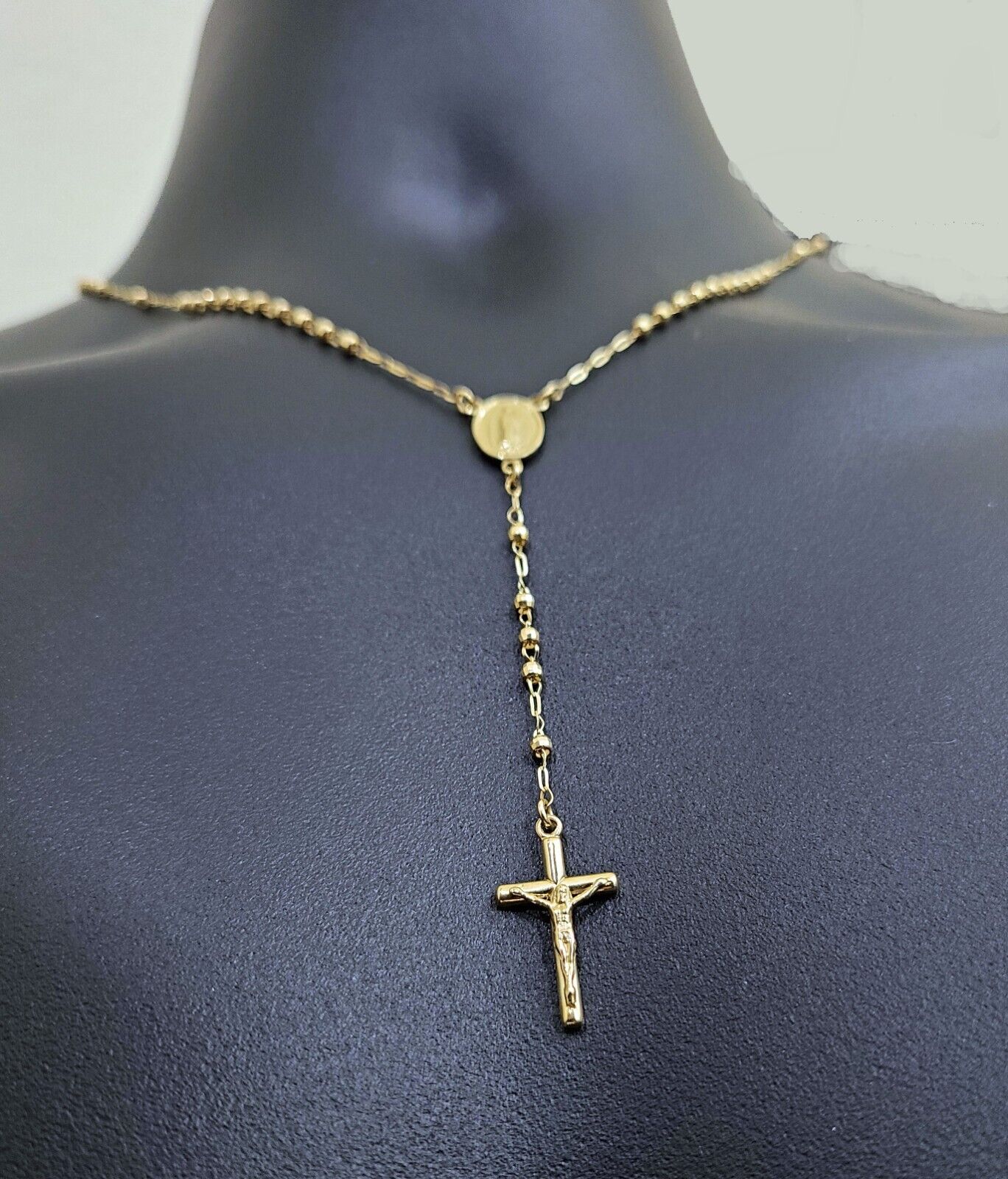 Real 14k Yellow Gold 2mm Rosary Chain 18" inch Necklace And Jesus cross Pendant - Reva Jeweler