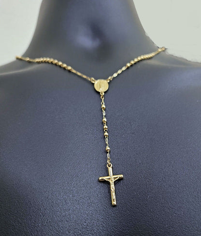 Real 14k Yellow Gold 2mm Rosary Chain 18" inch Necklace And Jesus cross Pendant - Reva Jeweler