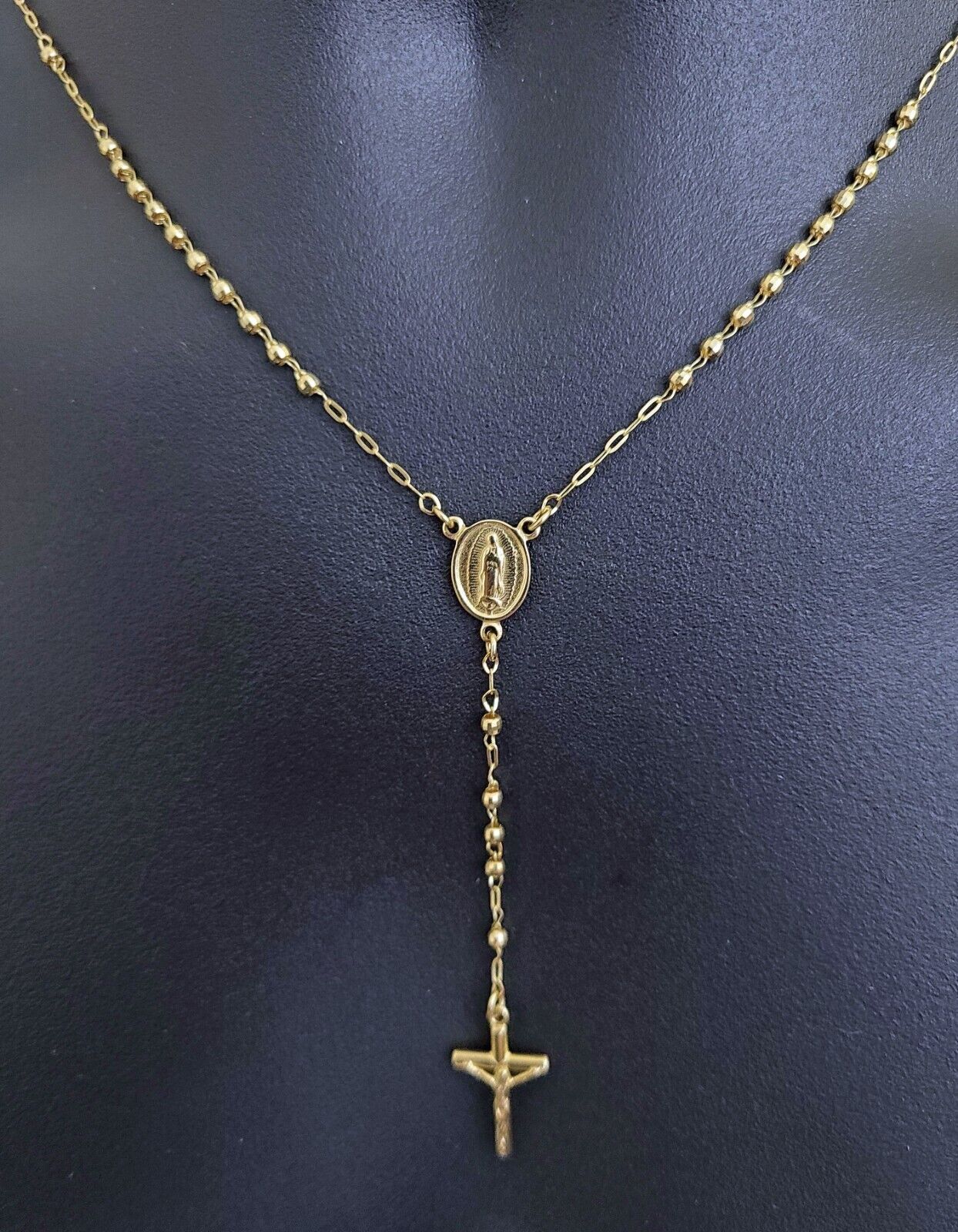 Real 14k Yellow Gold 2mm Rosary Chain 18" inch Necklace And Jesus cross Pendant - Reva Jeweler