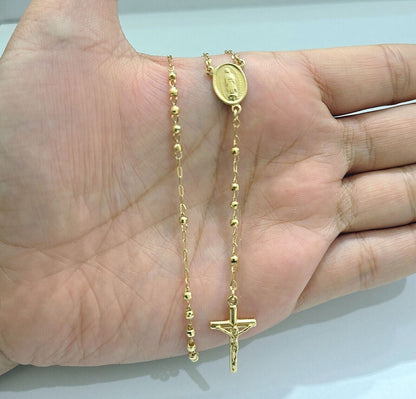 Real 14k Yellow Gold 2mm Rosary Chain 18" inch Necklace And Jesus cross Pendant - Reva Jeweler