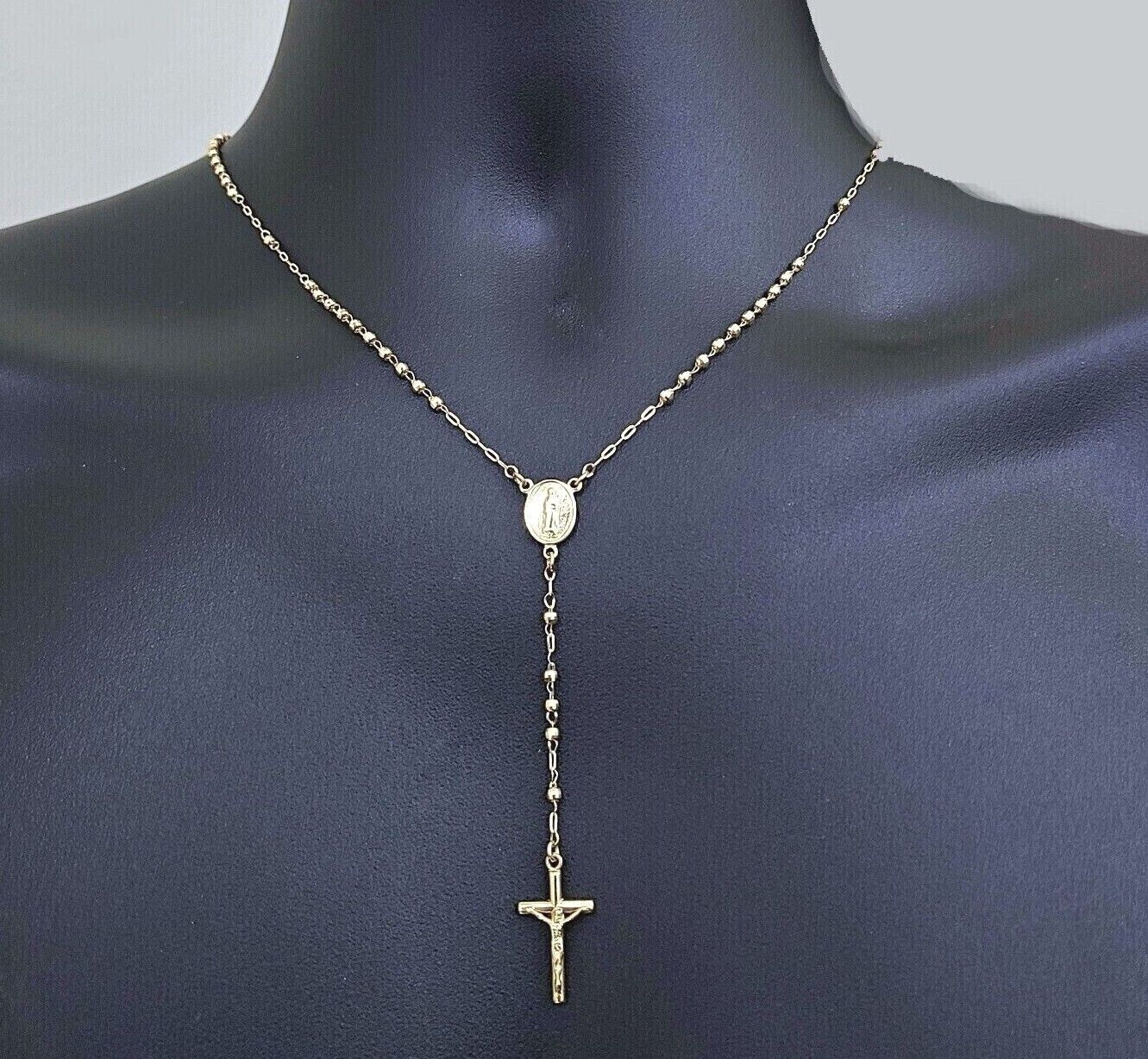 Real 14k Yellow Gold 2mm Rosary Chain 18" inch Necklace And Jesus cross Pendant - Reva Jeweler