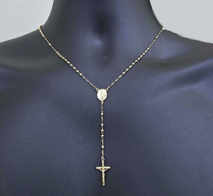 Real 14k Yellow Gold 2mm Rosary Chain 18" inch Necklace And Jesus cross Pendant - Reva Jeweler