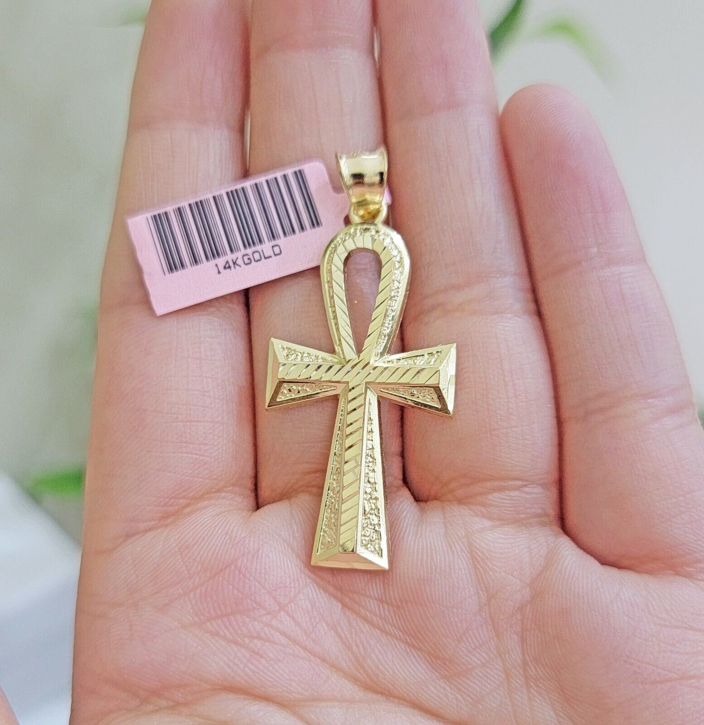 Real 14k Yellow Gold Ankh charm pendant 1.75 Inch Diamond Cuts Charm for Chains - Reva Jeweler