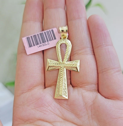 Real 14k Yellow Gold Ankh charm pendant 1.75 Inch Diamond Cuts Charm for Chains - Reva Jeweler