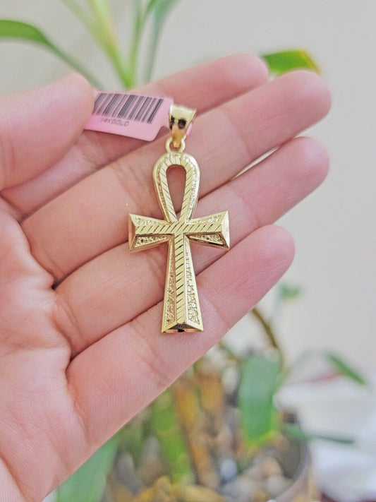 Real 14k Yellow Gold Ankh charm pendant 1.75 Inch Diamond Cuts Charm for Chains - Reva Jeweler