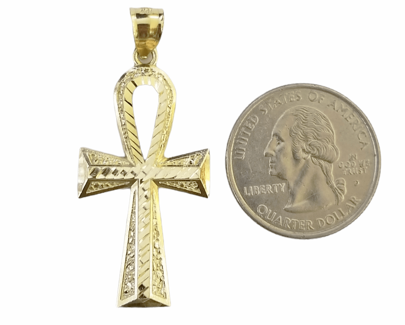 Real 14k Yellow Gold Ankh charm pendant 1.75 Inch Diamond Cuts Charm for Chains - Reva Jeweler