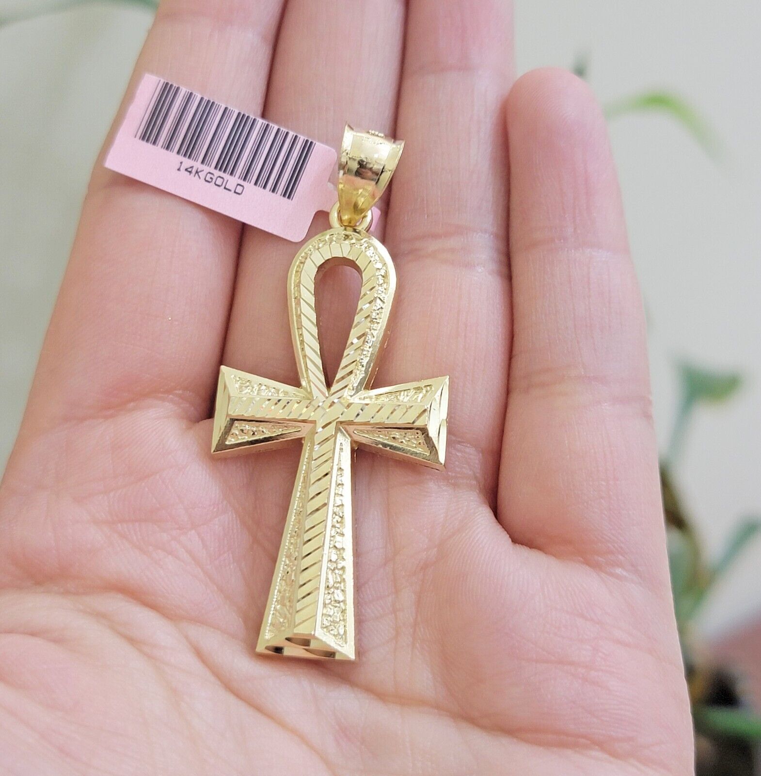 Real 14k Yellow Gold Ankh charm pendant 1.75 Inch Diamond Cuts Charm for Chains - Reva Jeweler