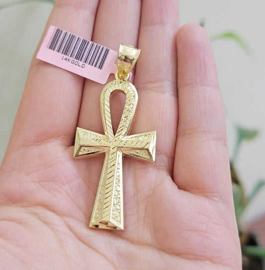 Real 14k Yellow Gold Ankh charm pendant 1.75 Inch Diamond Cuts Charm for Chains - Reva Jeweler