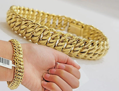 Real 14k Yellow Gold Bracelet 13mm 8 Inch Flat Byzantine Box Clasp Men Women - Reva Jeweler