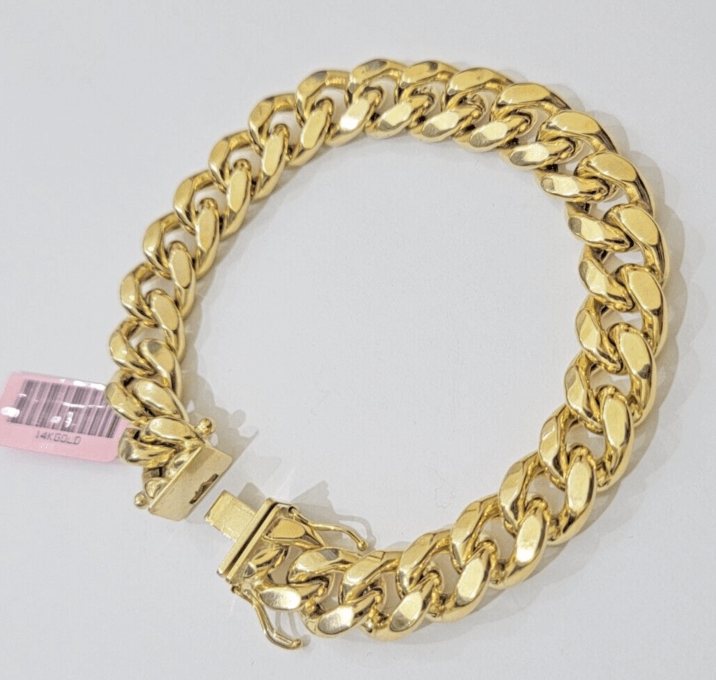 Real 14k Yellow Gold Bracelet 8 Inch Miami Cuban Link Box Clasp For Men's 14KT - Reva Jeweler