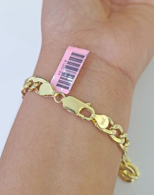 Real 14k Yellow Gold Bracelet Cuban Curb link 7mm 8" & 9 Inch 14 KT Men Women - GoldenlinQ