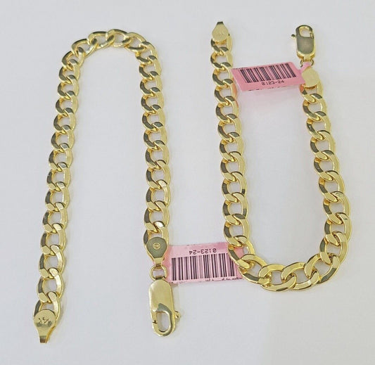 Real 14k Yellow Gold Bracelet Cuban Curb link 7mm 8" & 9 Inch 14 KT Men Women - GoldenlinQ