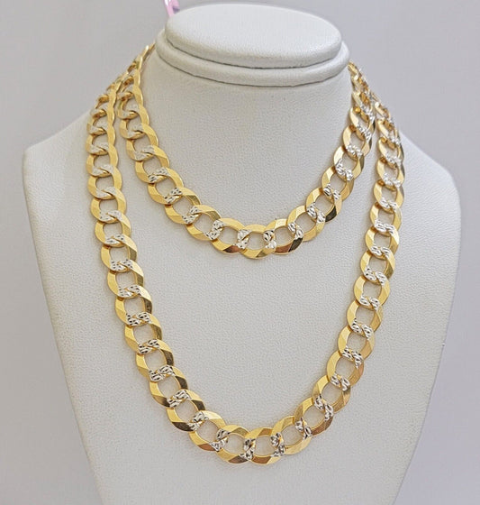 Real 14k Yellow Gold Chain Necklace Two - tone Cuban Curb Link 9.5mm 22 inch SOLID - Reva Jeweler