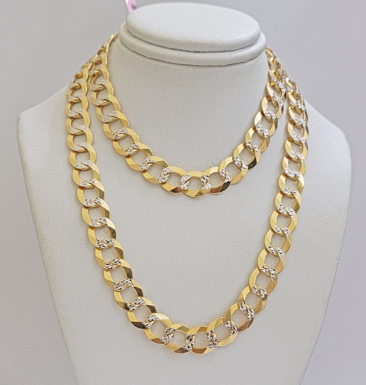 Real 14k Yellow Gold Chain Necklace Two - tone Cuban Curb Link 9.5mm 24 inch SOLID - Reva Jeweler