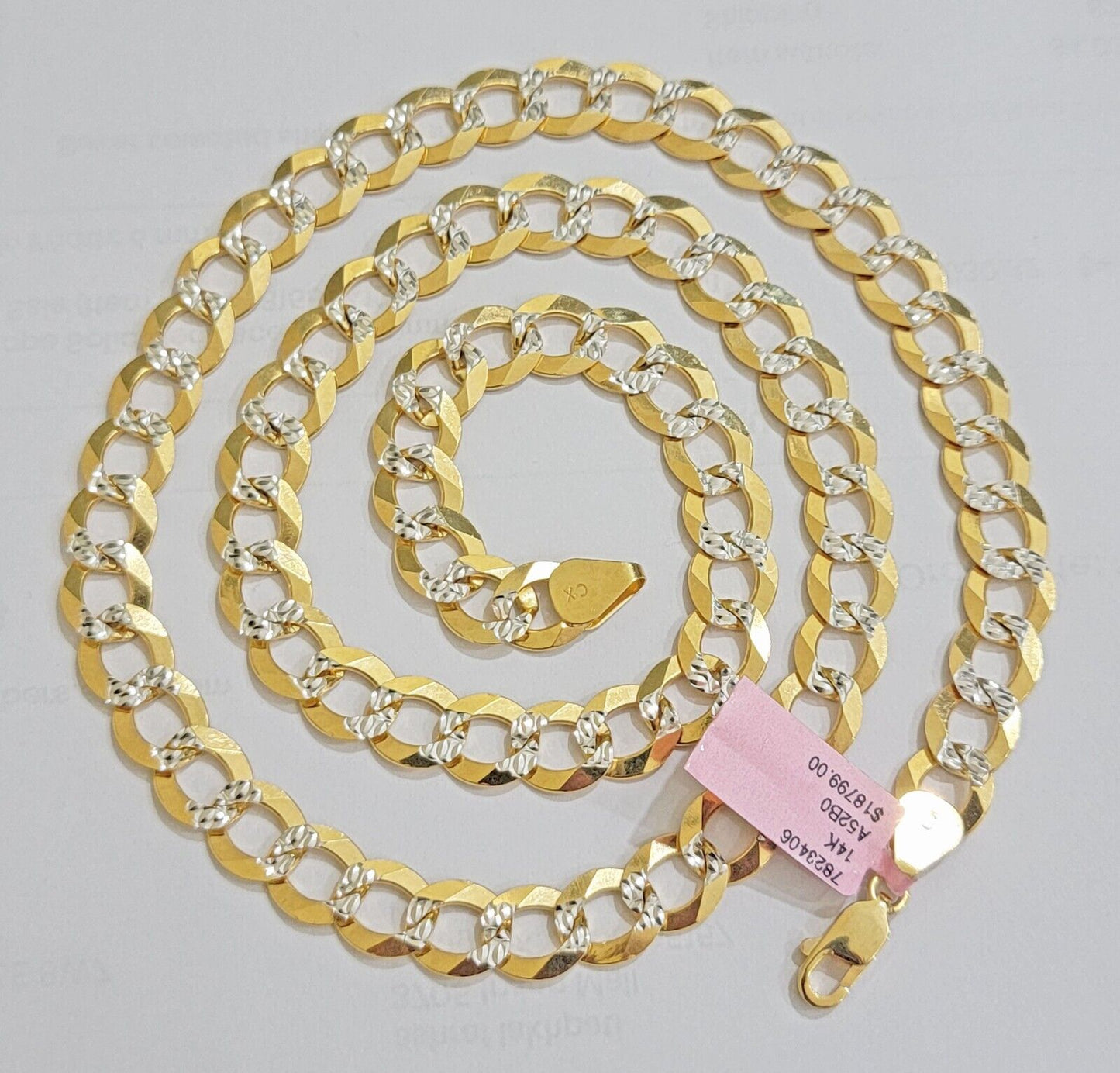 Real 14k Yellow Gold Chain Necklace Two - tone Cuban Curb Link 9.5mm 24 inch SOLID - Reva Jeweler