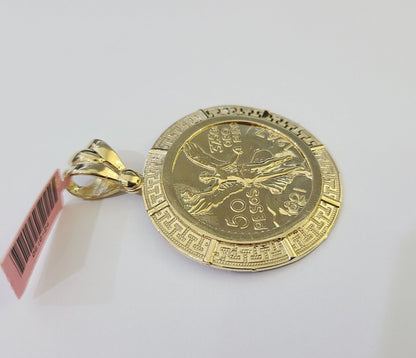 REAL 14k Yellow Gold Charm Centenario Style Coin in Bezel 50 Pesos 1947 Pendant - GoldenlinQ