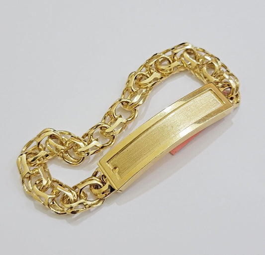Real 14k Yellow Gold Chino Bracelet 8 Inch 10mm Men's Name Plate ID Link Solid - Reva Jeweler