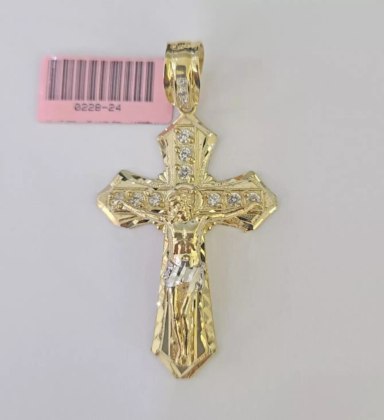 Real 14k Yellow Gold Cross Charm Pendant 14kt Jesus Crucifix With Stone For Mens - Reva Jeweler