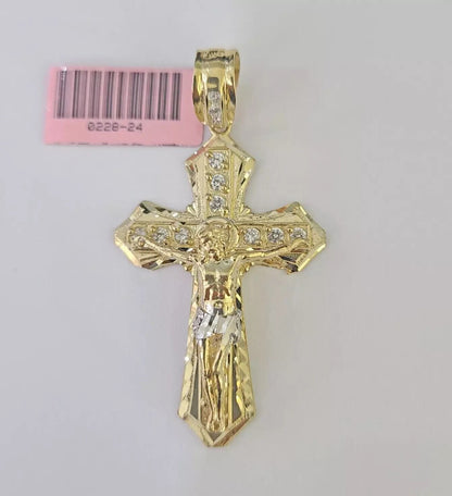 Real 14k Yellow Gold Cross Charm Pendant 14kt Jesus Crucifix With Stone For Mens - Reva Jeweler