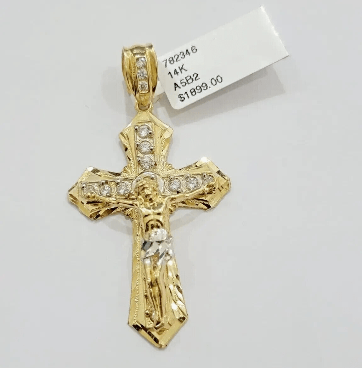 Real 14k Yellow Gold Cross Charm Pendant 14kt Jesus Crucifix With Stone For Mens - Reva Jeweler