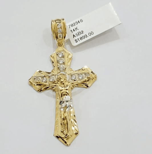 Real 14k Yellow Gold Cross Charm Pendant 14kt Jesus Crucifix With Stone For Mens - Reva Jeweler