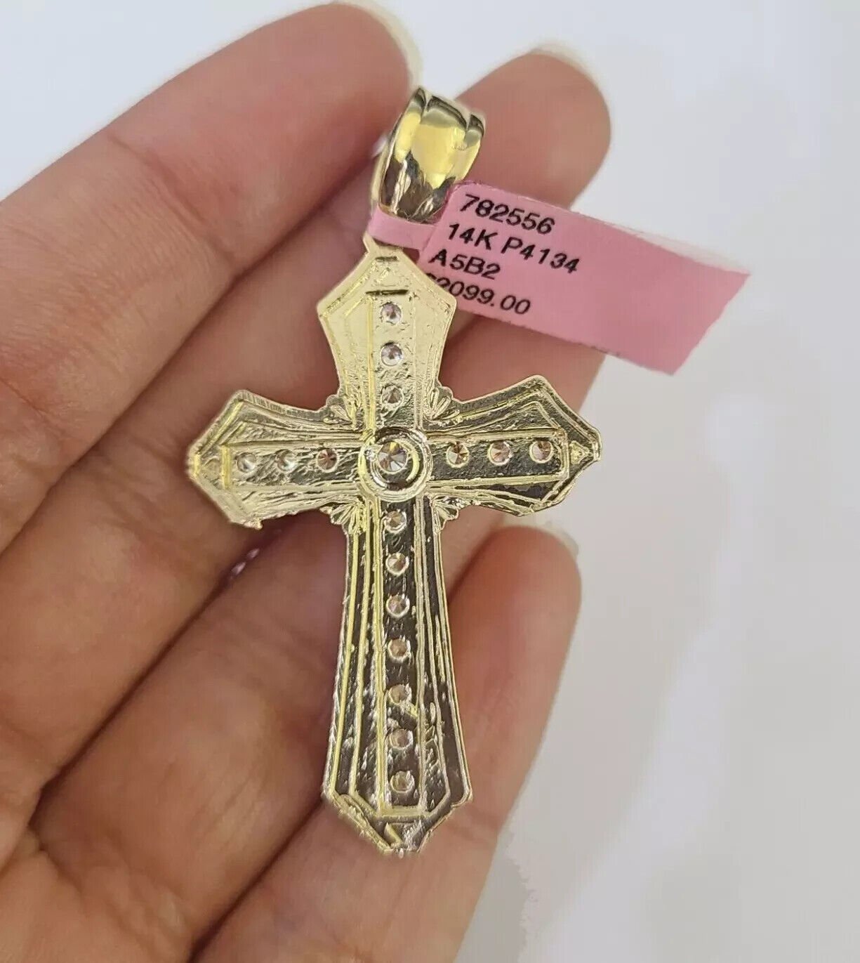 Real 14k Yellow Gold Cross Charm Pendant 14kt Jesus Crucifix With Stone For Mens - Reva Jeweler