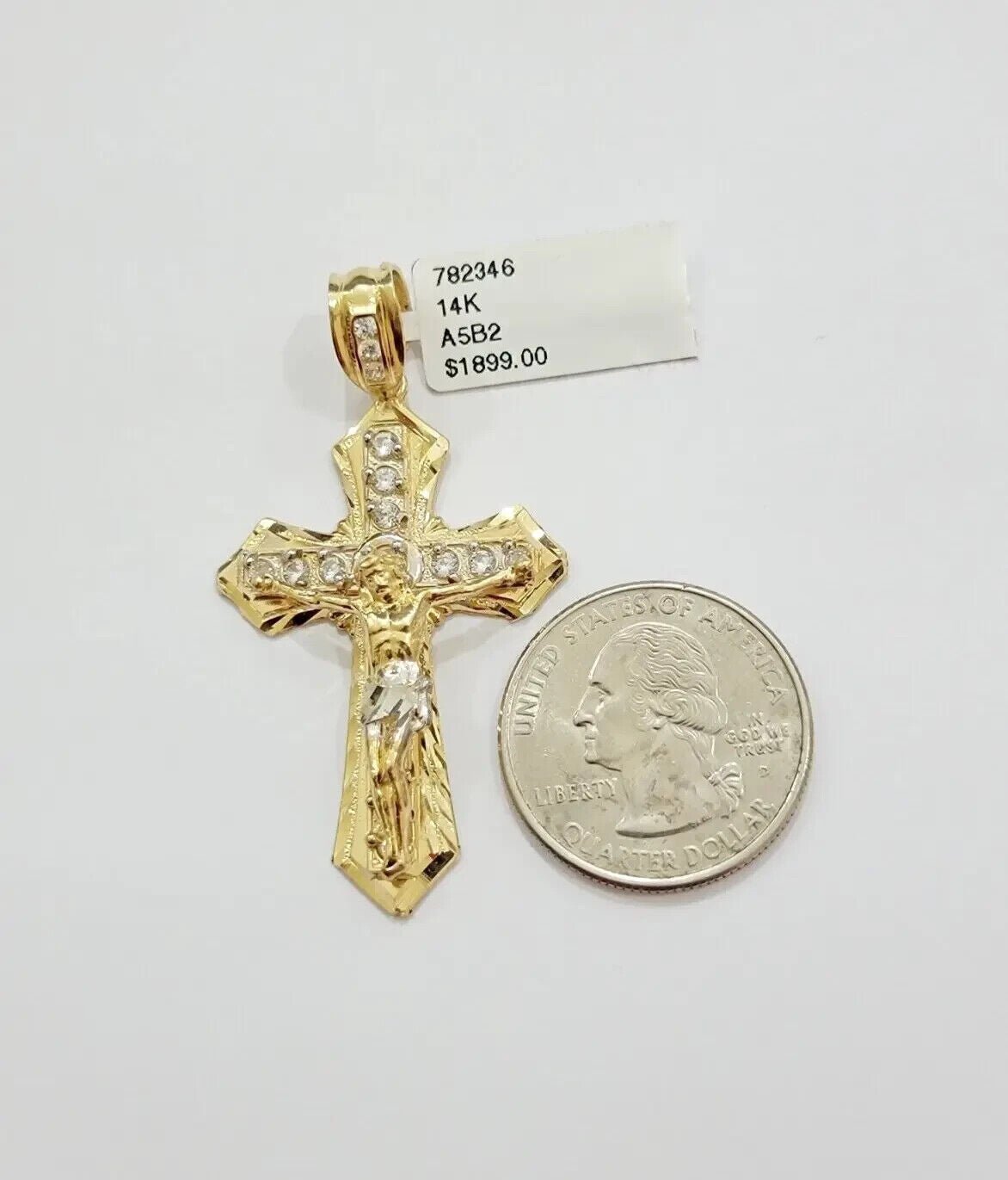 Real 14k Yellow Gold Cross Charm Pendant 14kt Jesus Crucifix With Stone For Mens - Reva Jeweler