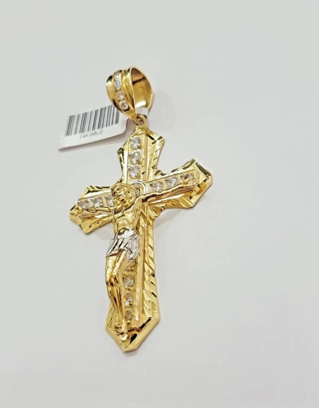 Real 14k Yellow Gold Cross Charm Pendant 14kt Jesus Crucifix With Stone For Mens - Reva Jeweler