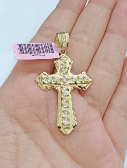 Real 14k Yellow Gold Cross Charm Pendant 2 Inch Diamond Cuts CZ Charm For Chains - Reva Jeweler