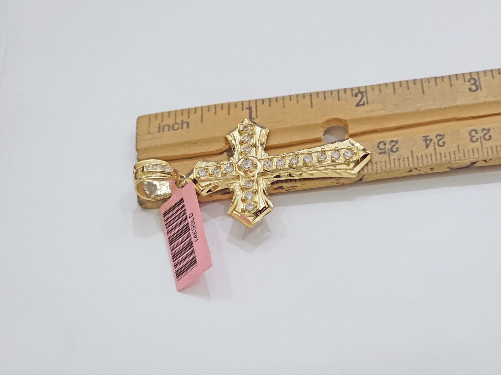 Real 14k Yellow Gold Cross Charm Pendant 2 Inch Diamond Cuts CZ Charm For Chains - Reva Jeweler