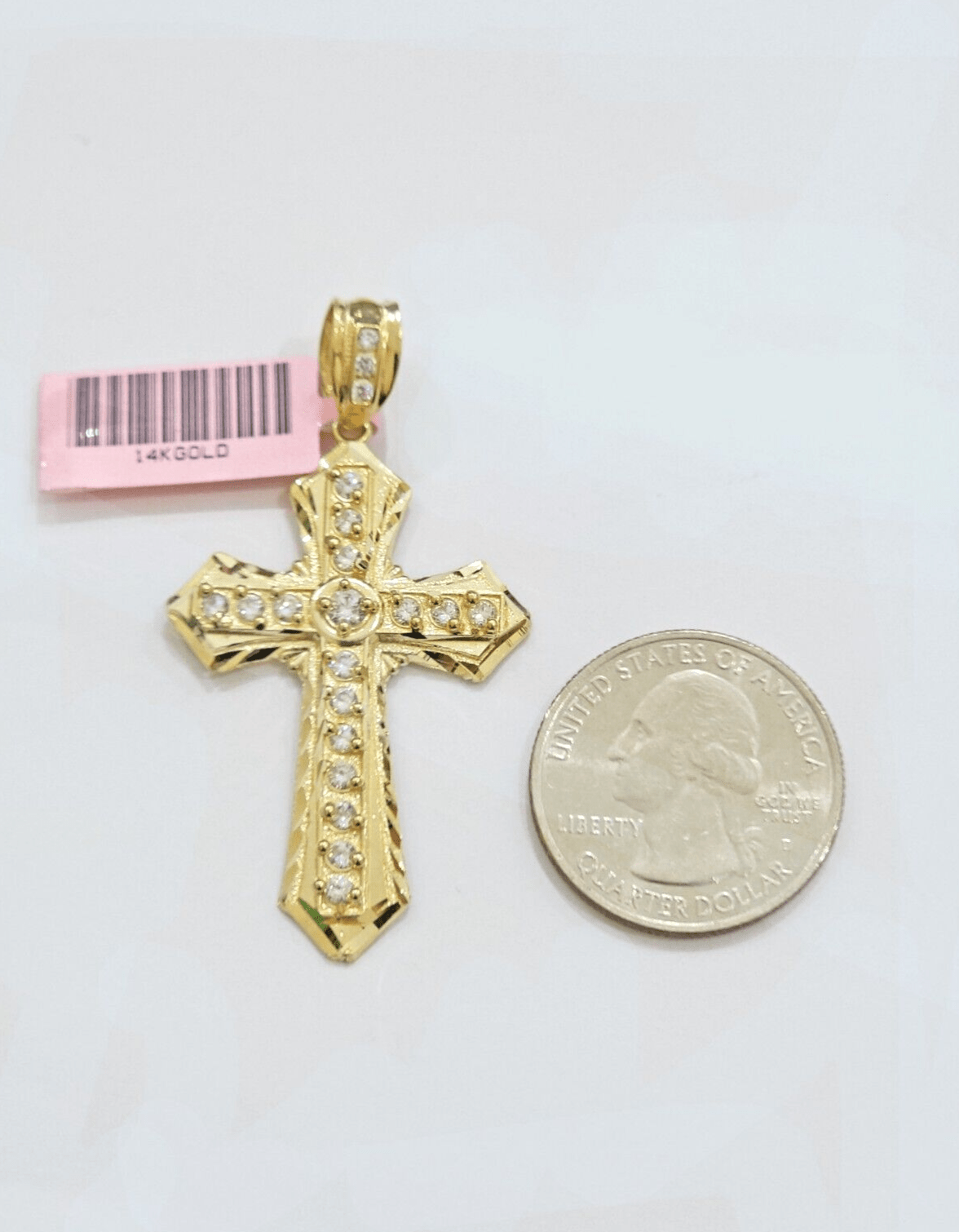 Real 14k Yellow Gold Cross Charm Pendant 2 Inch Diamond Cuts CZ Charm For Chains - Reva Jeweler