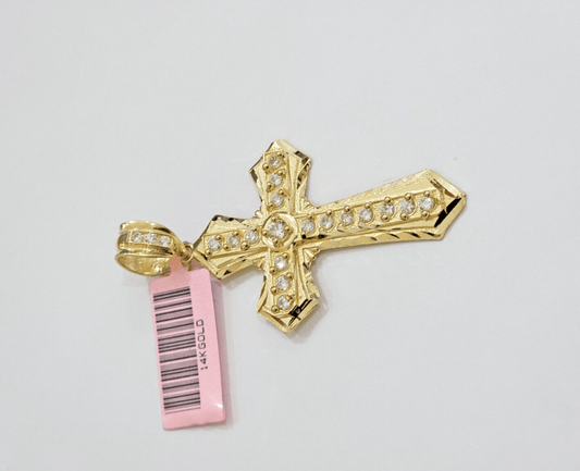 Real 14k Yellow Gold Cross Charm Pendant 2 Inch Diamond Cuts CZ Charm For Chains - Reva Jeweler
