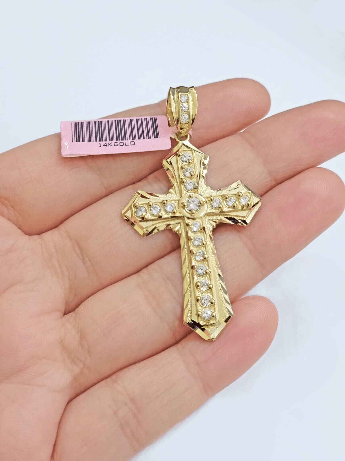 Real 14k Yellow Gold Cross Charm Pendant 2 Inch Diamond Cuts CZ Charm For Chains - Reva Jeweler