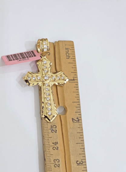 Real 14k Yellow Gold Cross Charm Pendant 2 Inch Diamond Cuts CZ Charm For Chains - Reva Jeweler