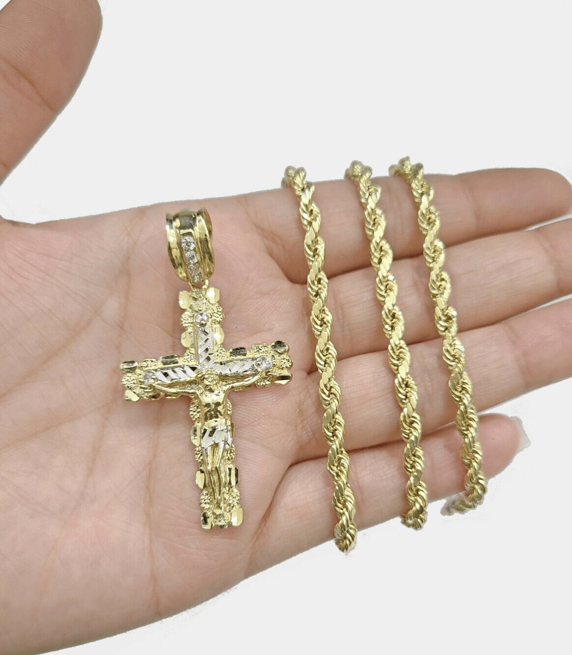 Real 14k Yellow Gold Cross Charm Rope Chain 4mm 20'' Necklace Pendant 14kt Jesus - Reva Jeweler