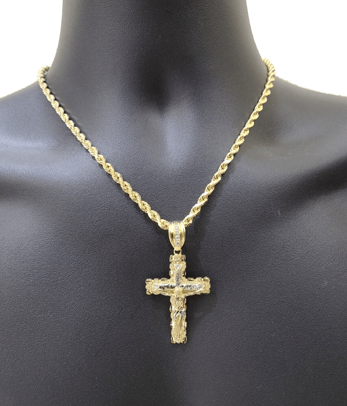 Real 14k Yellow Gold Cross Charm Rope Chain 4mm 20'' Necklace Pendant 14kt Jesus - Reva Jeweler