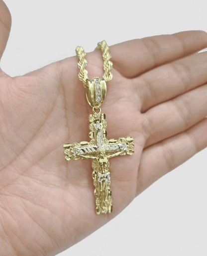 Real 14k Yellow Gold Cross Charm Rope Chain 4mm 20'' Necklace Pendant 14kt Jesus - Reva Jeweler