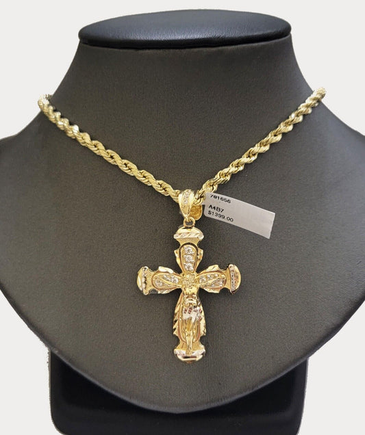 Real 14k Yellow Gold Cross pendant & Rope Chain Necklace 5mm 20" SET Charm Men's - Reva Jeweler