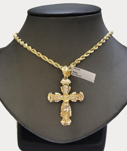 Real 14k Yellow Gold Cross pendant With Rope Chain Necklace 5mm 26" SET Charm - Reva Jeweler